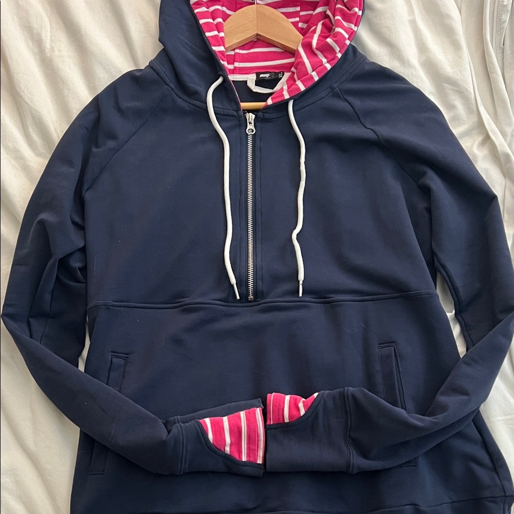 7 Degrees Navy and Pink Striped Women's Half-Zip Hoodie